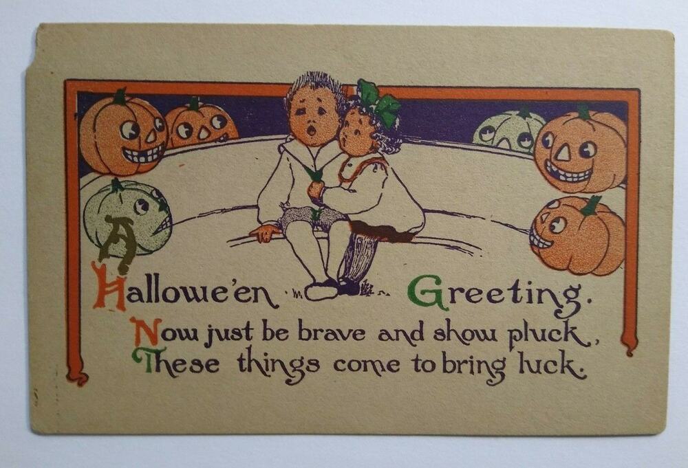 Halloween Postcard Everett Studios Children Goblin Pumpkins Original Vintage